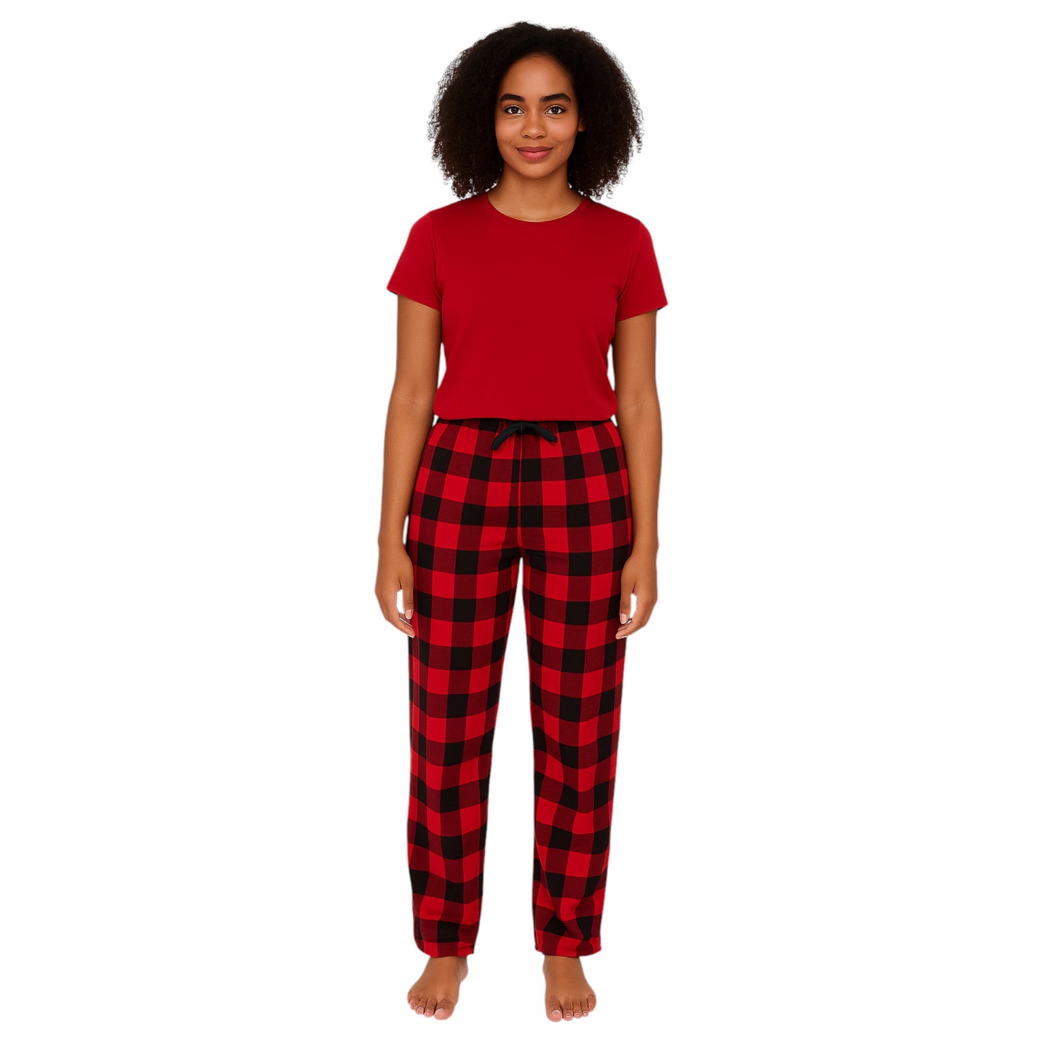 Women's red and black check lounge pants trousers with drawstring waist – soft cotton flannel sleepwear bottoms